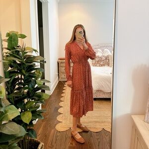 Chan Luu Size S Rust floral Silk Tiered Maxi Neck Tie Long Sleeve Dress
